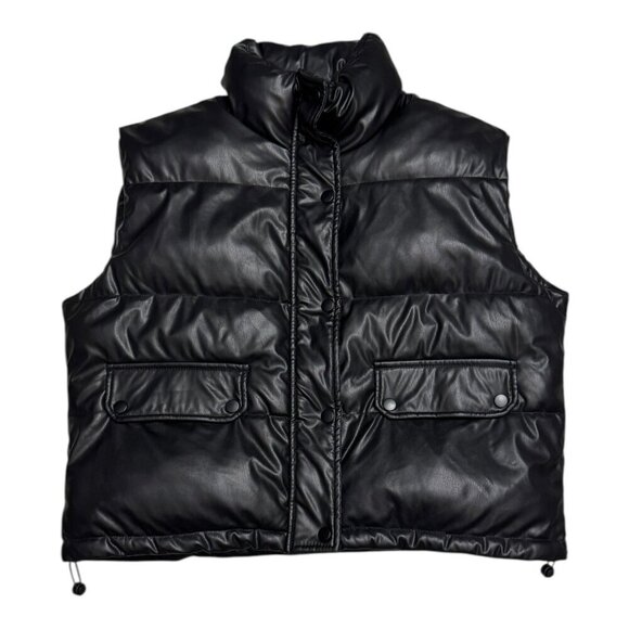 GUESS Faux Vegan Leather Black Designer Winter Puffer Parka Vest Womens XL - Picture 3 of 6